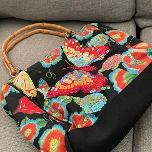 Floral Butterfly Embellished Bag with Bamboo Handles